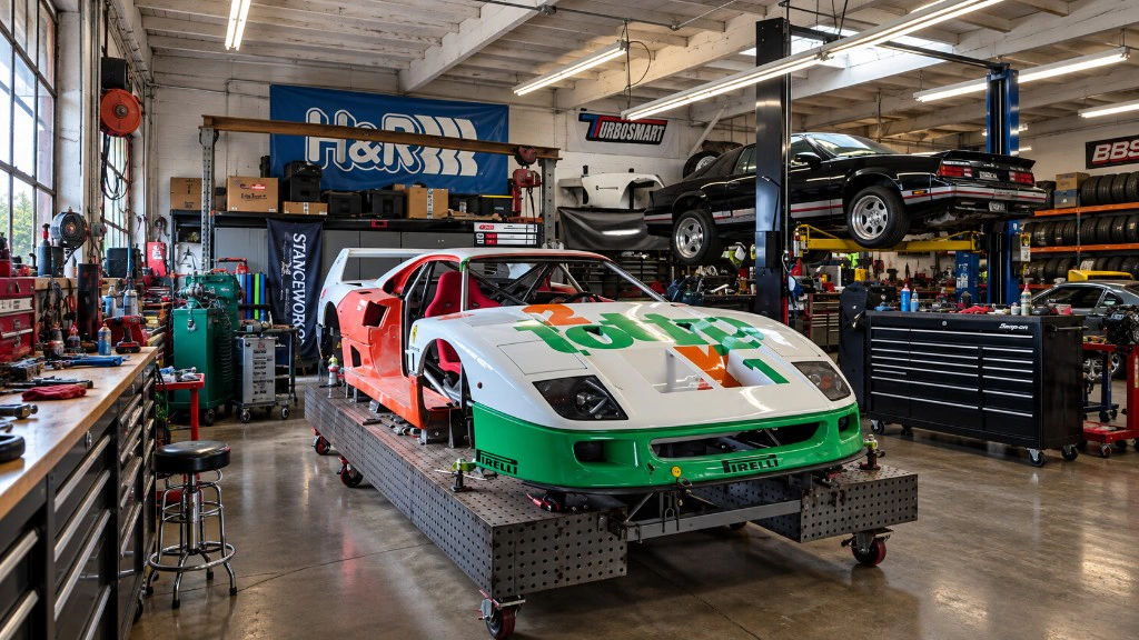 A Ferrari body on a jig in the HIVE garage